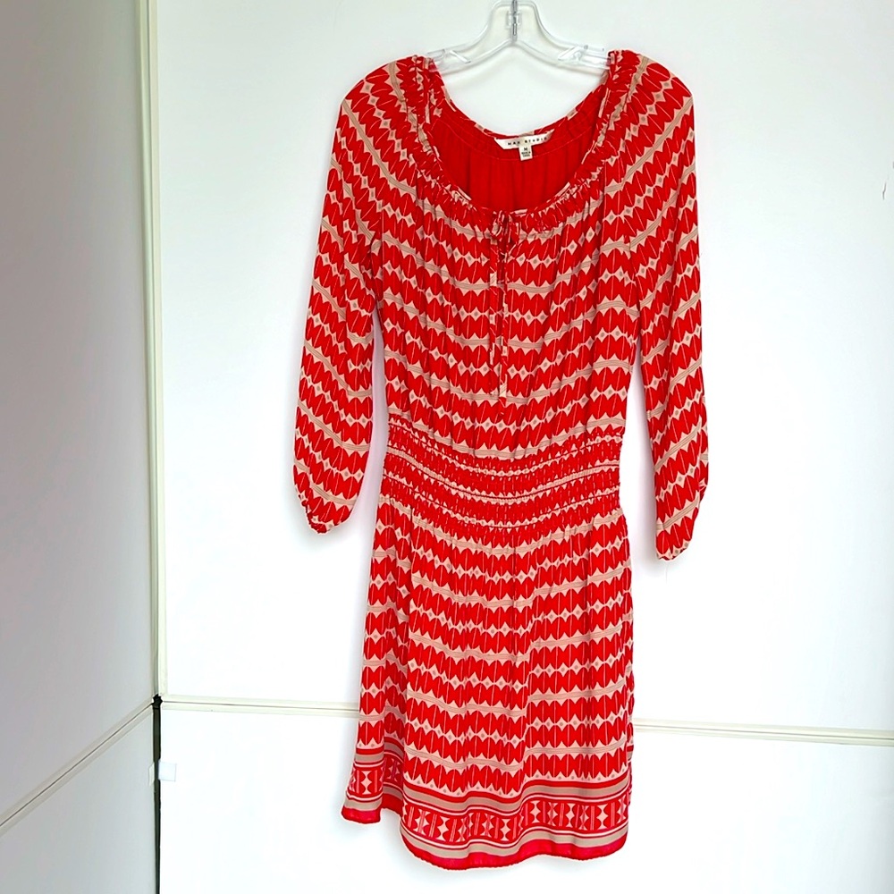 Sheer Red mini dress Size M Long Balloon Sleeves Scoop neck Elastic waist band